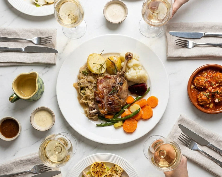 Grilled duck with vegetables and potatoes served on a white marble table