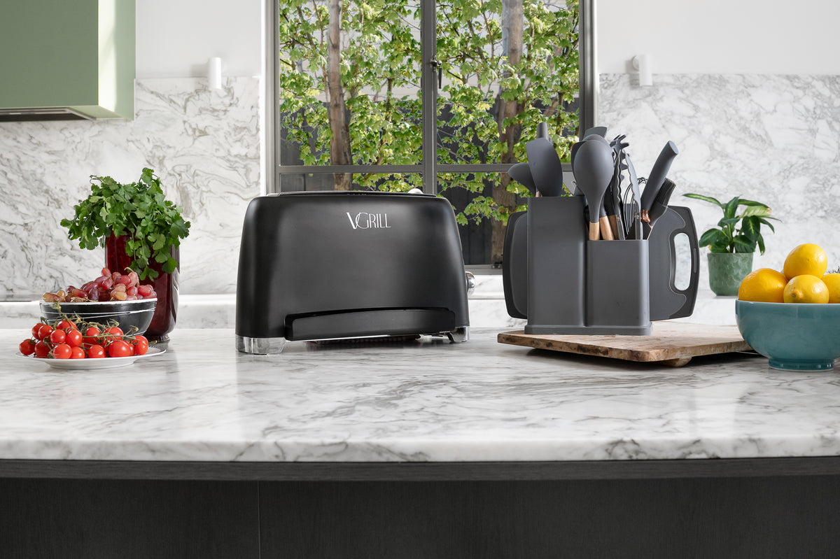 Black VGrill vertical grill on a modern kitchen countertop