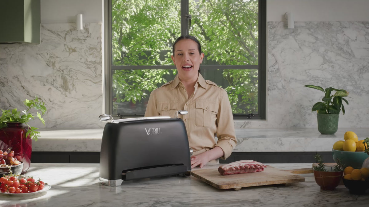 Outlines how to use VGrill for easier, cleaner, healthier cooking in a compact design.